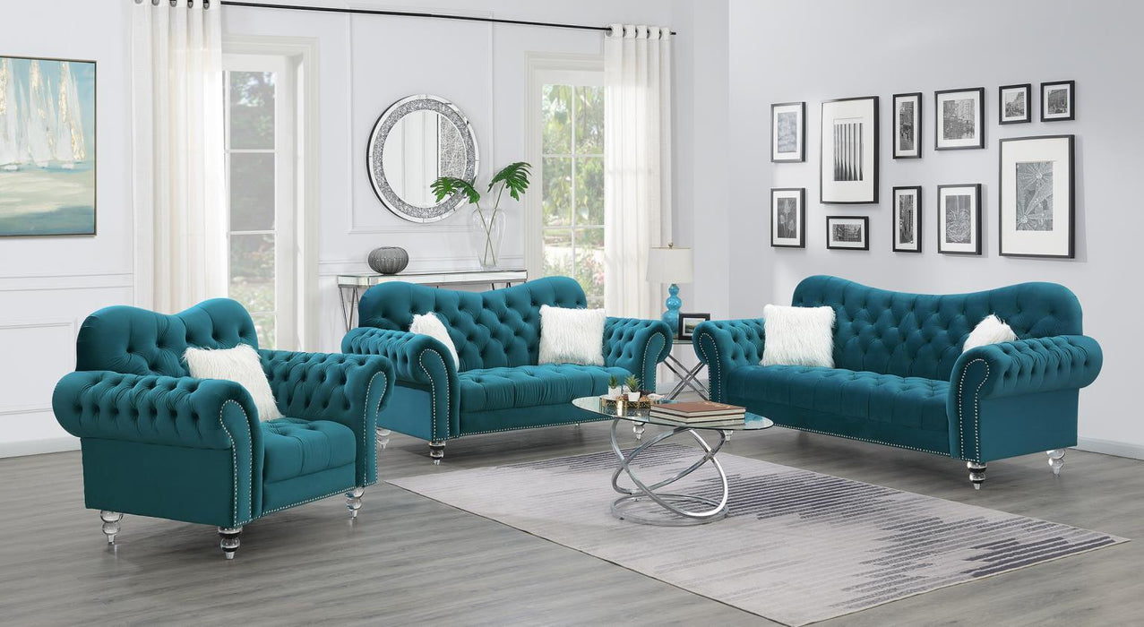 U215 - Loveseat With Two Fur Pillows & Acrylic Legs - Turquoise