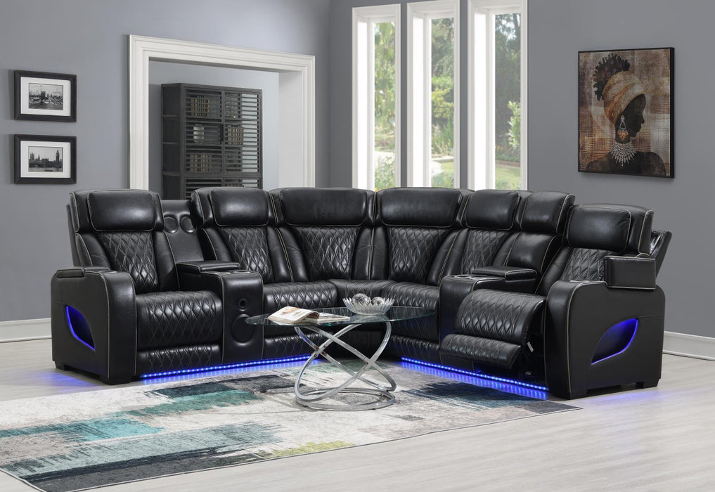 U10 - 3 Piece Power LED Sectional, Power Headrest, Heat, Massage Wireless Charger, And USB - Black