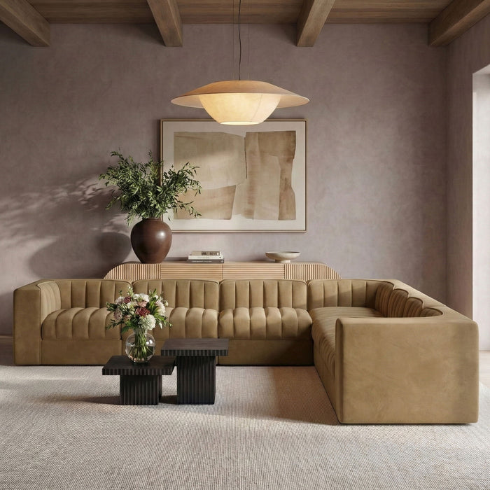 Rummi - Symmetrical Velvet Performance Fabric Upholstered 7 Piece Modular Sectional (With 3 Corner Chairs) - Stylish Home Furniture