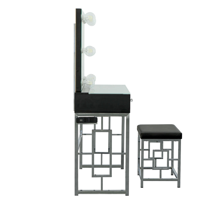 Margo - Vanity Table With Power / Mirror / Stool & Light - Chrome / Black