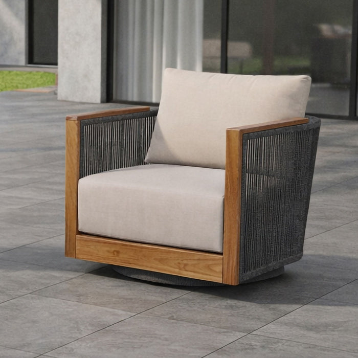 Veranda - Wicker & Wood Swivel Patio Club Chair With Cushions - Natural / Gray / Brown - Stylish Home Furniture