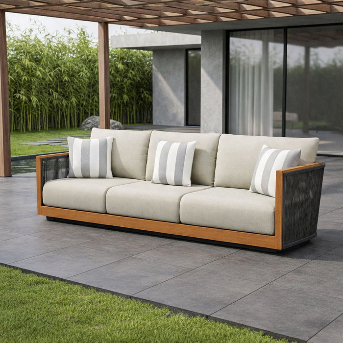 Veranda - Wicker & Wood Outdoor Sofa With Cushions - Natural / Gray / Brown - Stylish Home Furniture