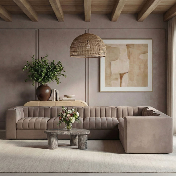 Rummi - Velvet Performance Fabric Upholstered 6 Piece Modular Sectional (With 3 Corner Chairs) - Stylish Home Furniture