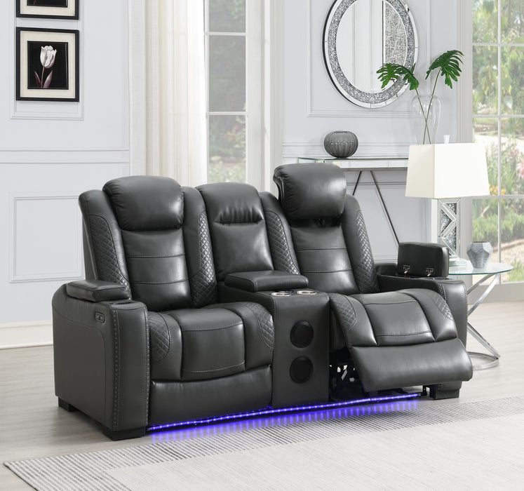 U93 - LED Power Reclining With Power Headrest, Bluetooth Speaker, And Drop Down Table Loveseat - Dark Gray