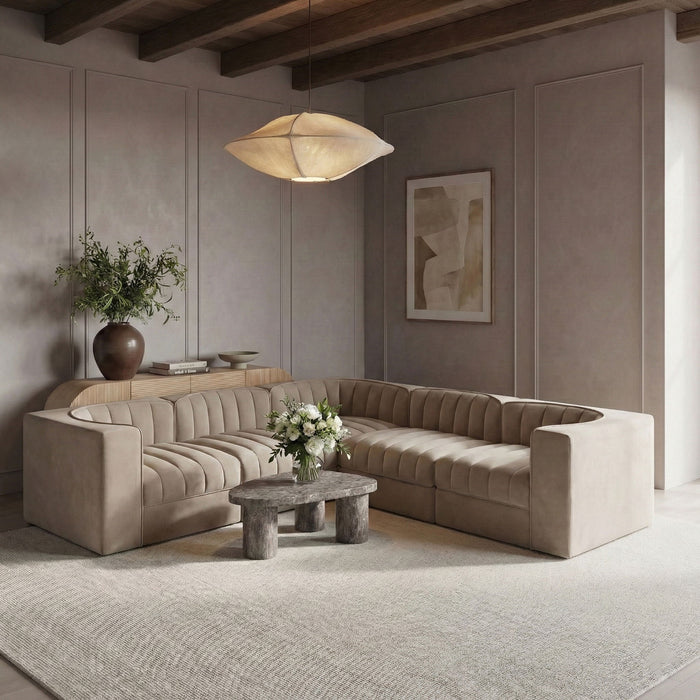 Rummi - Symmetrical Velvet Performance Fabric Upholstered 5 Piece Modular Sectional - Stylish Home Furniture