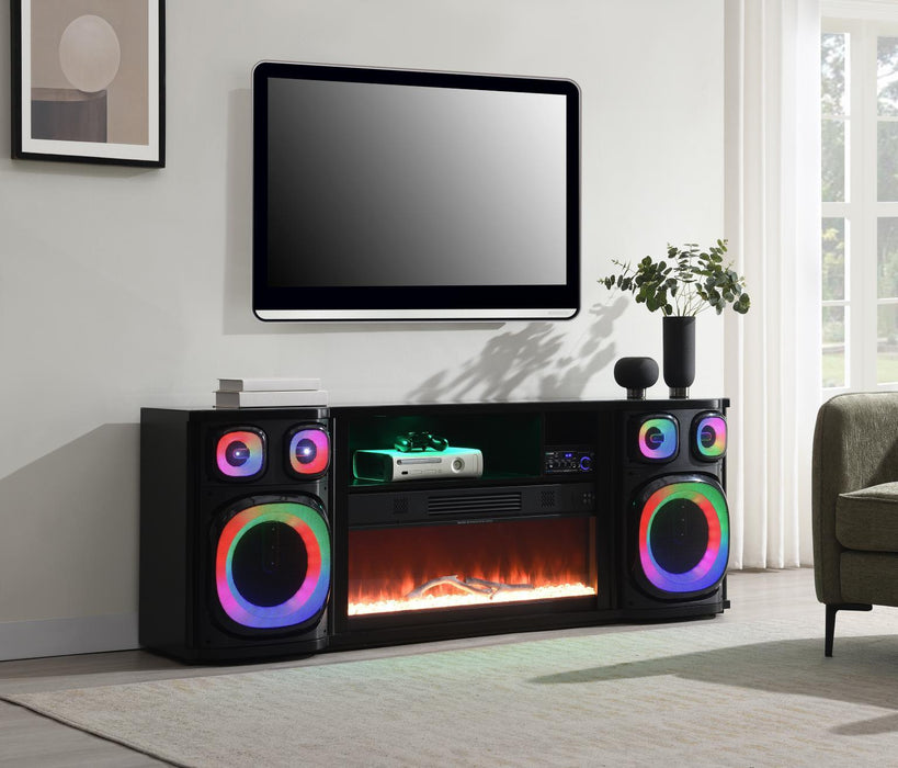W029-TV - Fire Place TV Stand With Bluetooth Speaker, 7 Colors, RGB Downlights - Black