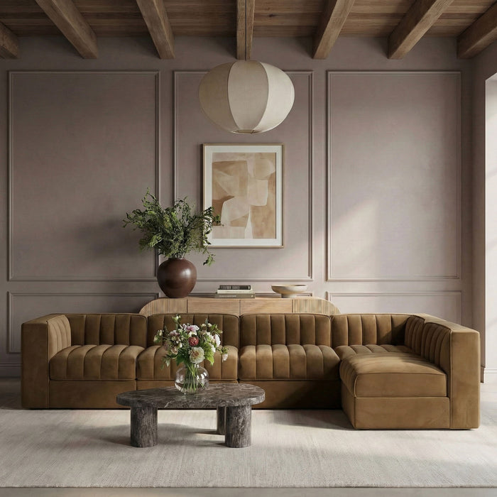 Rummi - Velvet Performance Fabric Upholstered 5 Piece Modular Sectional, L-Shaped (Right) - Stylish Home Furniture