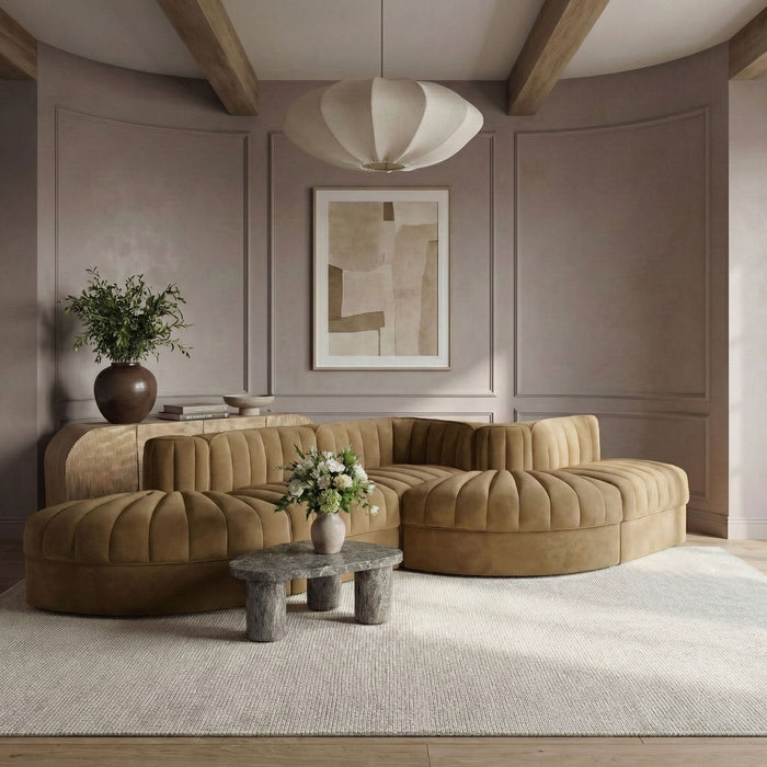 Rummi - Rounded Velvet Performance Fabric Upholstered 5 Piece Modular Sectional - Stylish Home Furniture