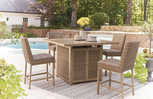 Walton Bridge - 5 Pc. - Square Bar Table W/Fire Pit, 4 Barstools - Driftwood - Stylish Home Furniture