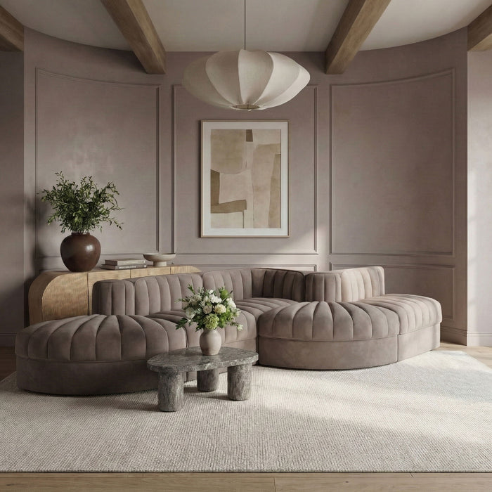 Rummi - Rounded Velvet Performance Fabric Upholstered 5 Piece Modular Sectional - Stylish Home Furniture