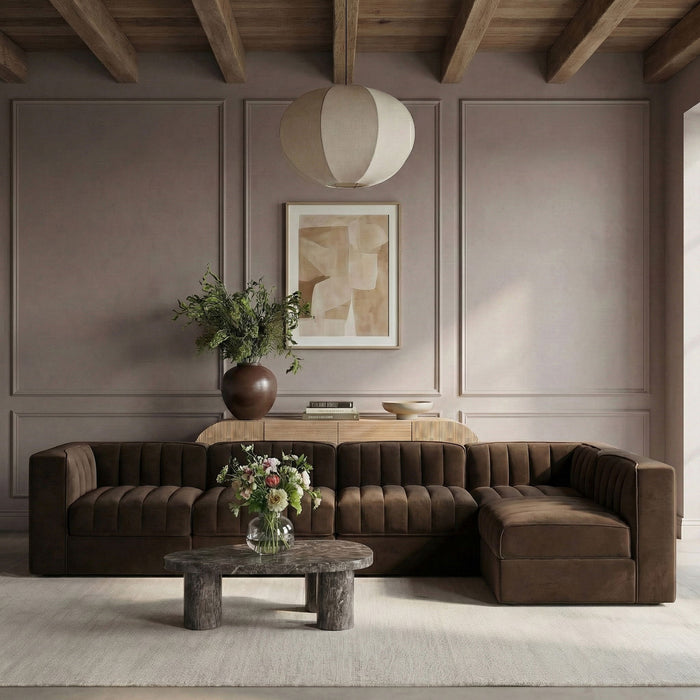 Rummi - Velvet Performance Fabric Upholstered 5 Piece Modular Sectional, L-Shaped (Right) - Stylish Home Furniture