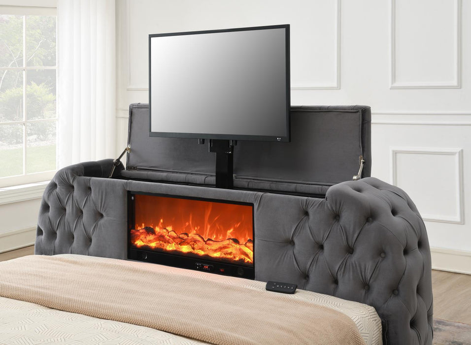 B541 - Velvet Bed With Fireplace, TV Mount & Bluetooth Speaker & USB