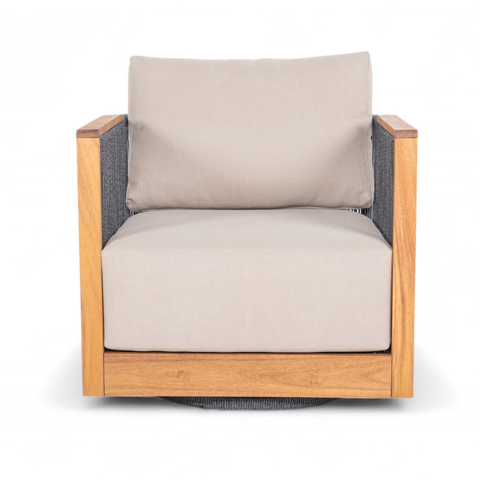Veranda - Wicker & Wood Swivel Patio Club Chair With Cushions - Natural / Gray / Brown - Stylish Home Furniture