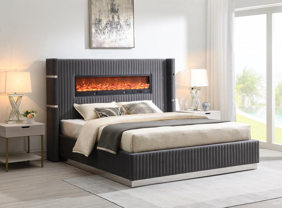 B544 - Velvet Bed With Fireplace & Bluetooth Speaker & USB