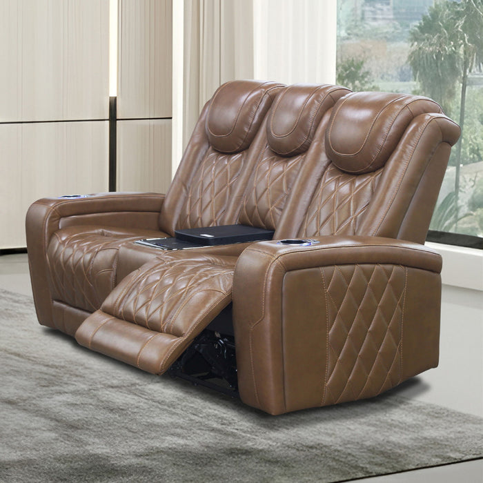 Dorian - Reclining Leather Loveseat With Power Headrest, Footrest And Cooler - Brown
