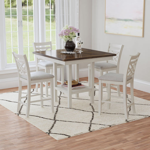 Brooks - 5 Piece Counter Set With Table And 4 Upholstery Seat & Wood Back Chairs - Medium Brown & White - Stylish Home Furniture