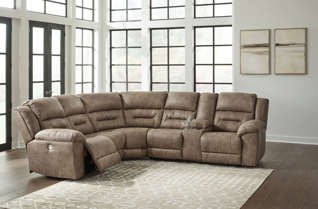 Ravenel - 3-Piece Power Reclining Sectional With Raf Power Reclining Loveseat With Console - Faux Leather - Fossil - Stylish Home Furniture