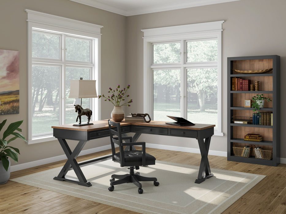 Wildenauer - 4 Pc. - Home Office Desk And Return, Swivel Desk Chair, Bookcase - Brown / Black - Stylish Home Furniture