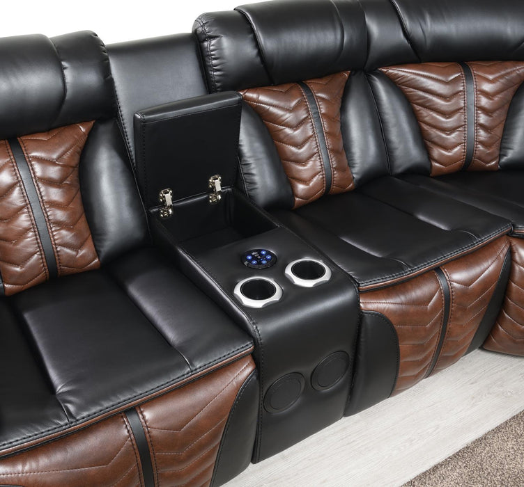 U56 - 3 Piece Power Sectional With Bluetooth Speaker, And Wireless Charger, Multi Color LED - Black / Brown