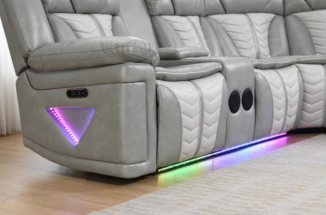 U55 - 3 Piece Power Sectional With Bluetooth Speaker, And Wireless Charger, Multi Color LED - Gray / Beige