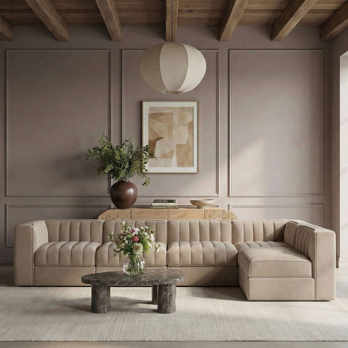 Rummi - Velvet Performance Fabric Upholstered 5 Piece Modular Sectional, L-Shaped (Right) - Stylish Home Furniture