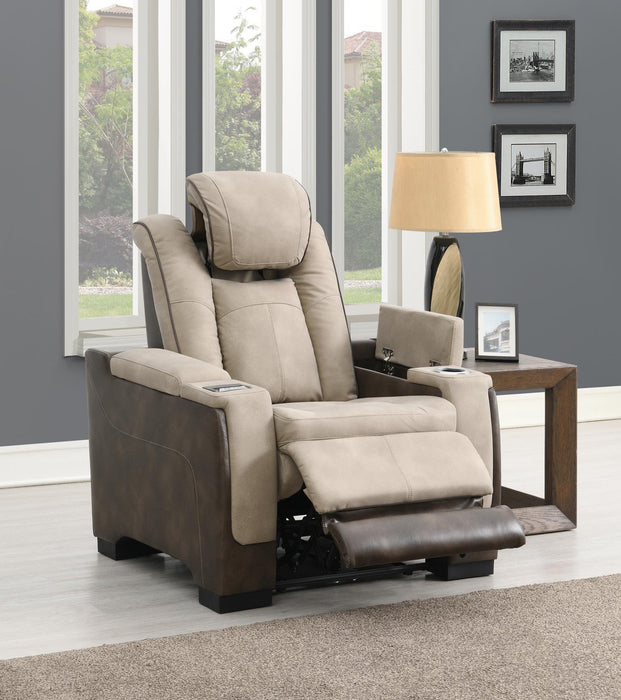 U78 - Power Reclining Chair With Power Headrest, Storage Arms / USB And Wireless Charger - Sand / Brown