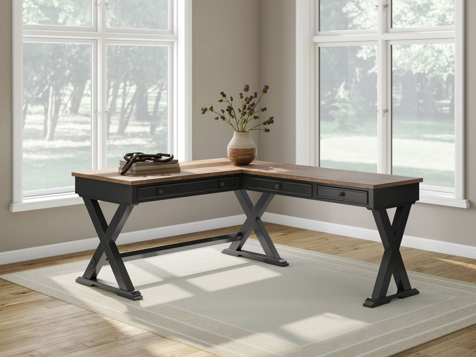 Wildenauer - 4 Pc. - Home Office Desk And Return, Swivel Desk Chair, Bookcase - Brown / Black - Stylish Home Furniture