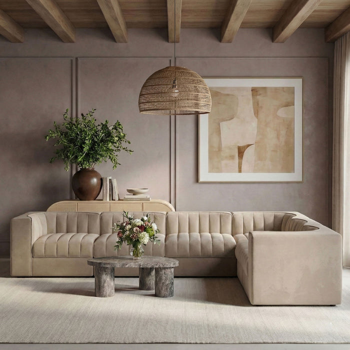 Rummi - Velvet Performance Fabric Upholstered 6 Piece Modular Sectional (With 3 Corner Chairs) - Stylish Home Furniture