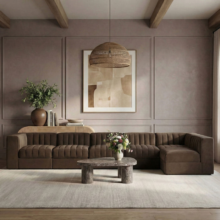 Rummi - Velvet Performance Fabric Upholstered 6 Piece Modular Sectional, L-Shaped (Right) - Stylish Home Furniture