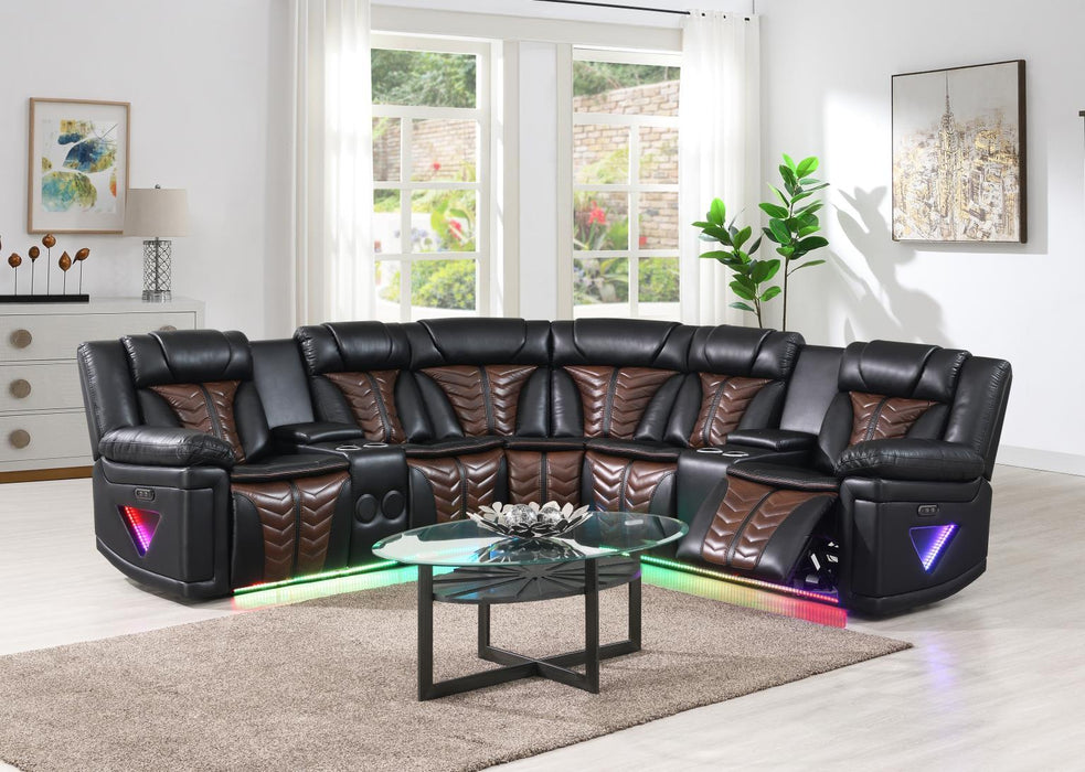 U56 - 3 Piece Power Sectional With Bluetooth Speaker, And Wireless Charger, Multi Color LED - Black / Brown