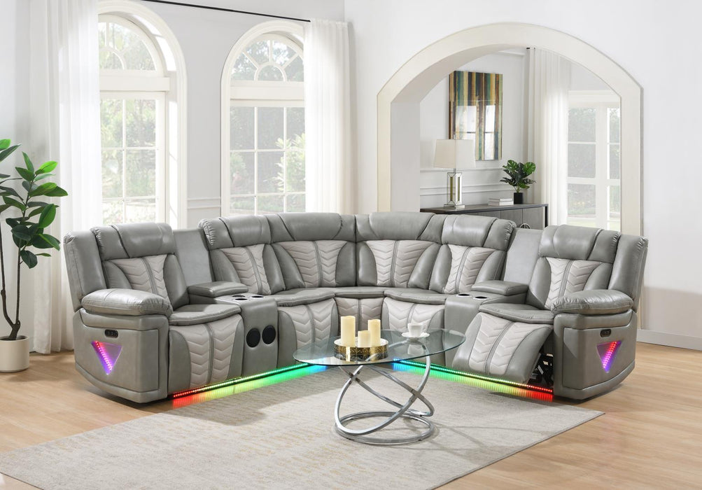 U55 - 3 Piece Power Sectional With Bluetooth Speaker, And Wireless Charger, Multi Color LED - Gray / Beige