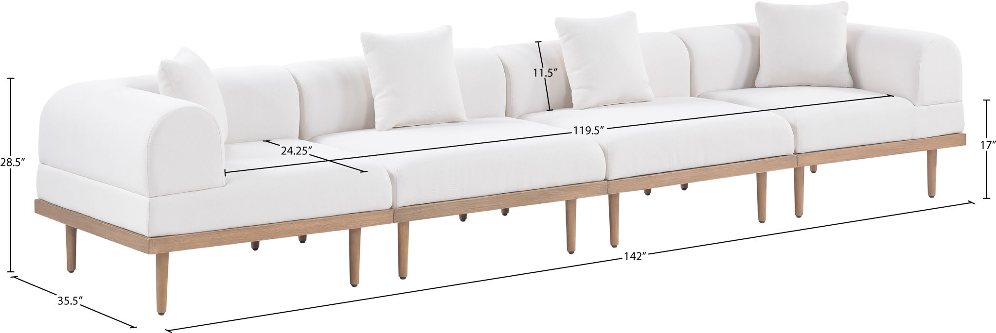 Laguna - 4 Piece Resilient Water Resistant Fabric 142" Upholstered Outdoor Patio Modular Sofa