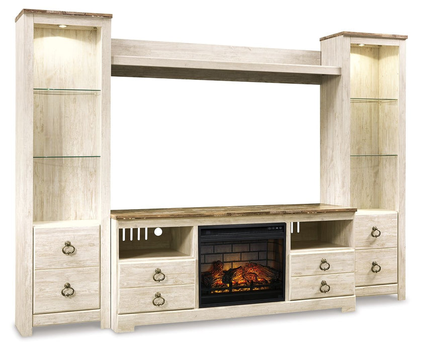Willowton - Entertainment Center - TV Stand With Faux Firebrick Fireplace Insert - Whitewash - Stylish Home Furniture
