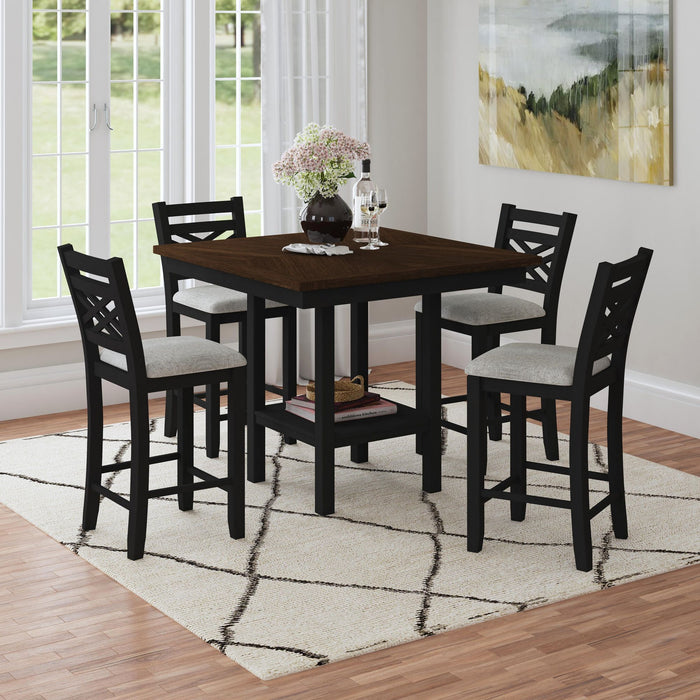 Brooks - 5 Piece Counter Set With Table And 4 Upholstered Seat & Wood Back Chairs - Medium Brown & Black - Stylish Home Furniture