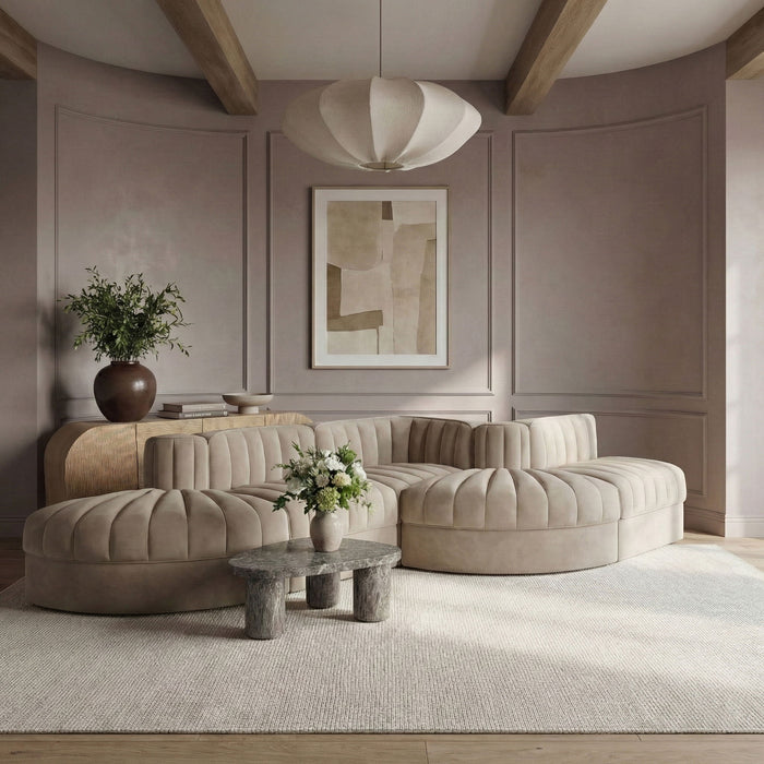 Rummi - Rounded Velvet Performance Fabric Upholstered 5 Piece Modular Sectional - Stylish Home Furniture