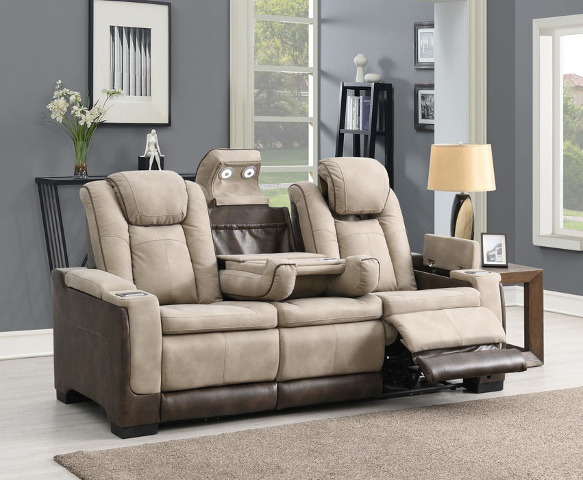 U78 - Power Reclining Sofa With Power Headrest, Reading Light, Magzine Pocket, Storage Arms / USB And Wireles Charger - Sand / Brown