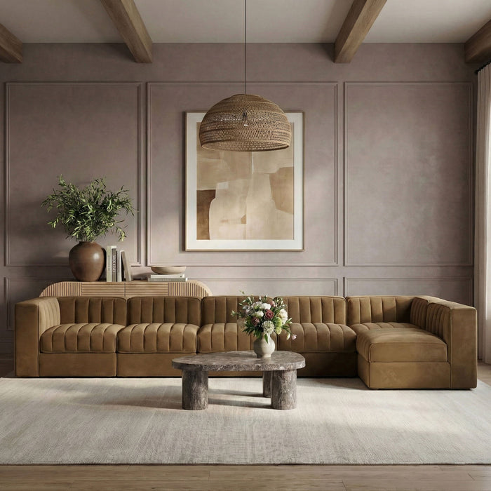 Rummi - Velvet Performance Fabric Upholstered 6 Piece Modular Sectional, L-Shaped (Right) - Stylish Home Furniture