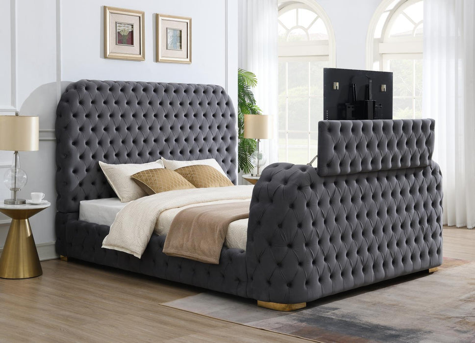 B541 - Velvet Bed With Fireplace, TV Mount & Bluetooth Speaker & USB