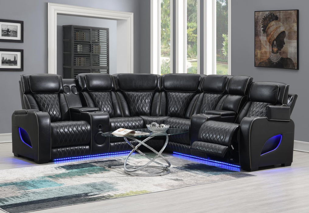 U10 - 3 Piece Power LED Sectional, Power Headrest, Heat, Massage Wireless Charger, And USB - Black