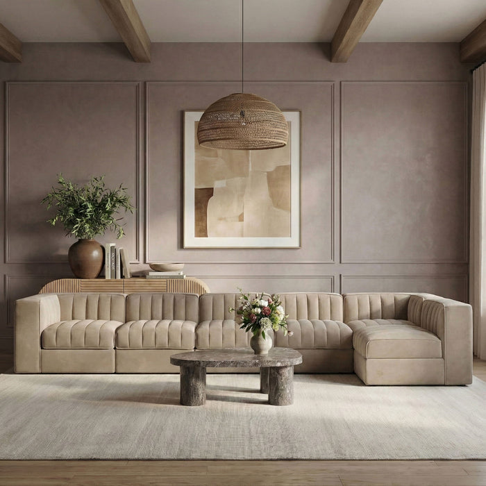 Rummi - Velvet Performance Fabric Upholstered 6 Piece Modular Sectional, L-Shaped (Right) - Stylish Home Furniture